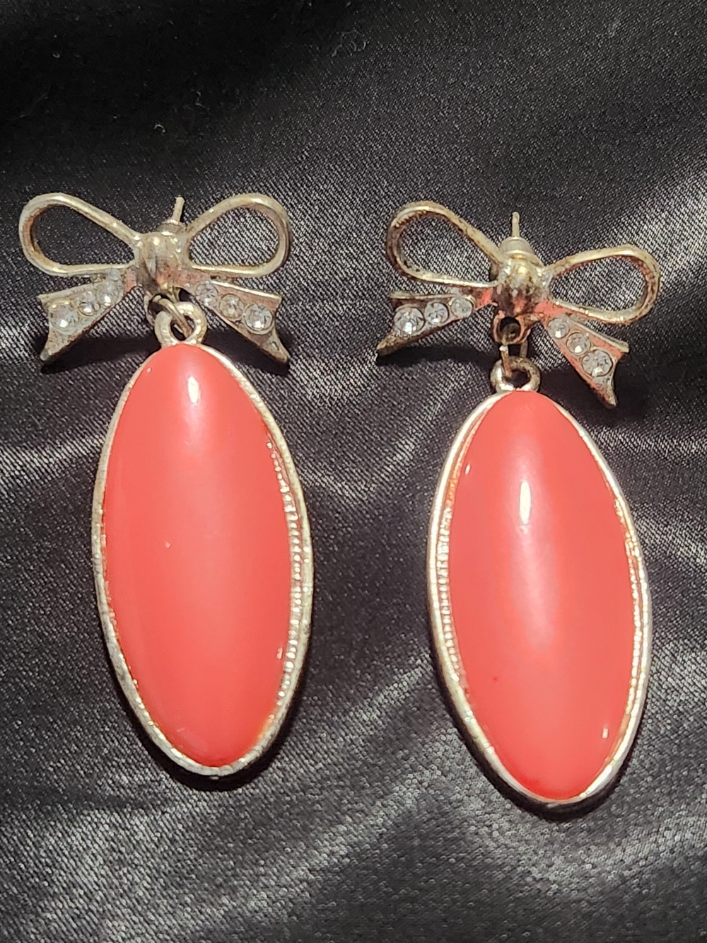 Gold Bow Coral Pink Drop Earrings